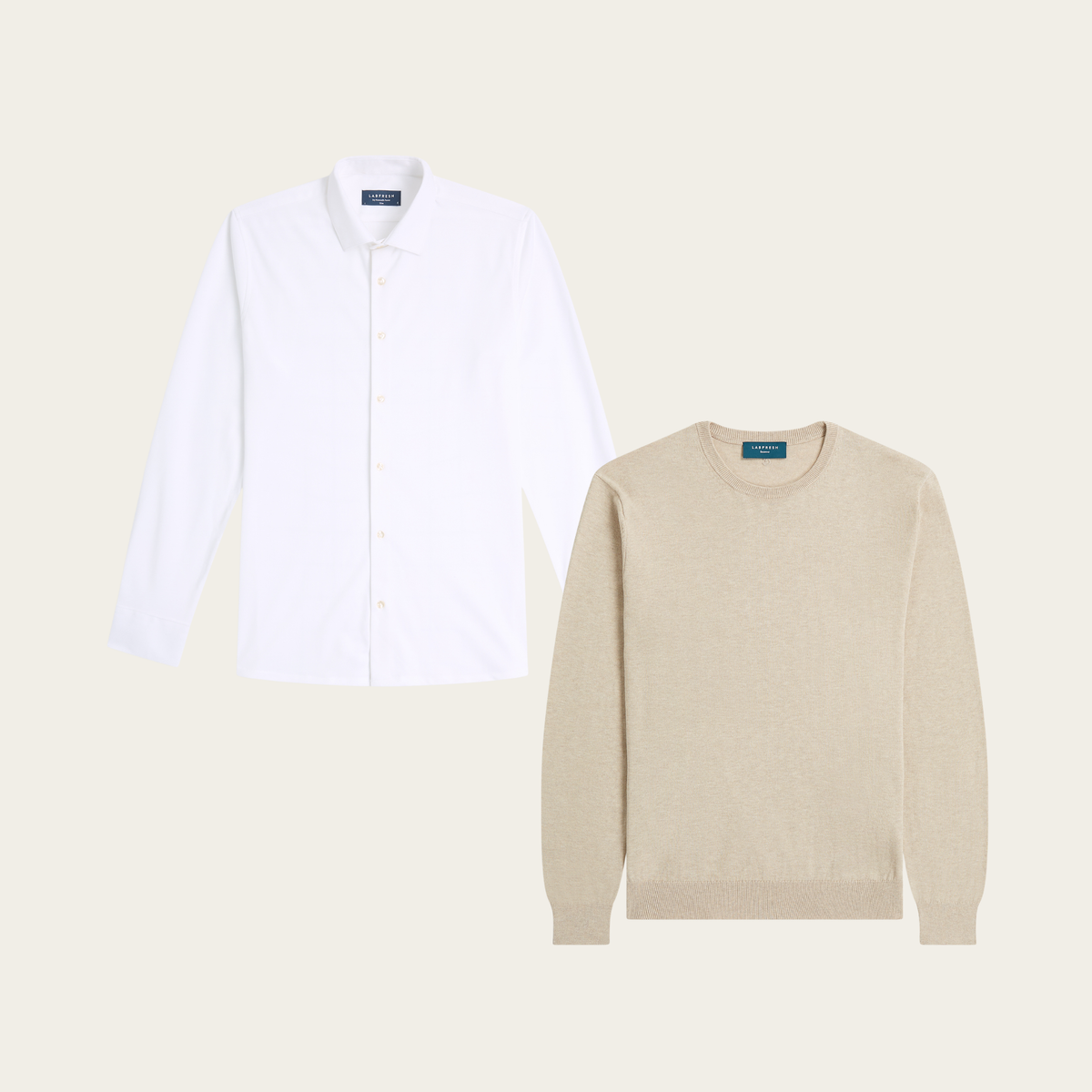 Seawool sweater & Knitted non-iron shirt bundle | White & Sand