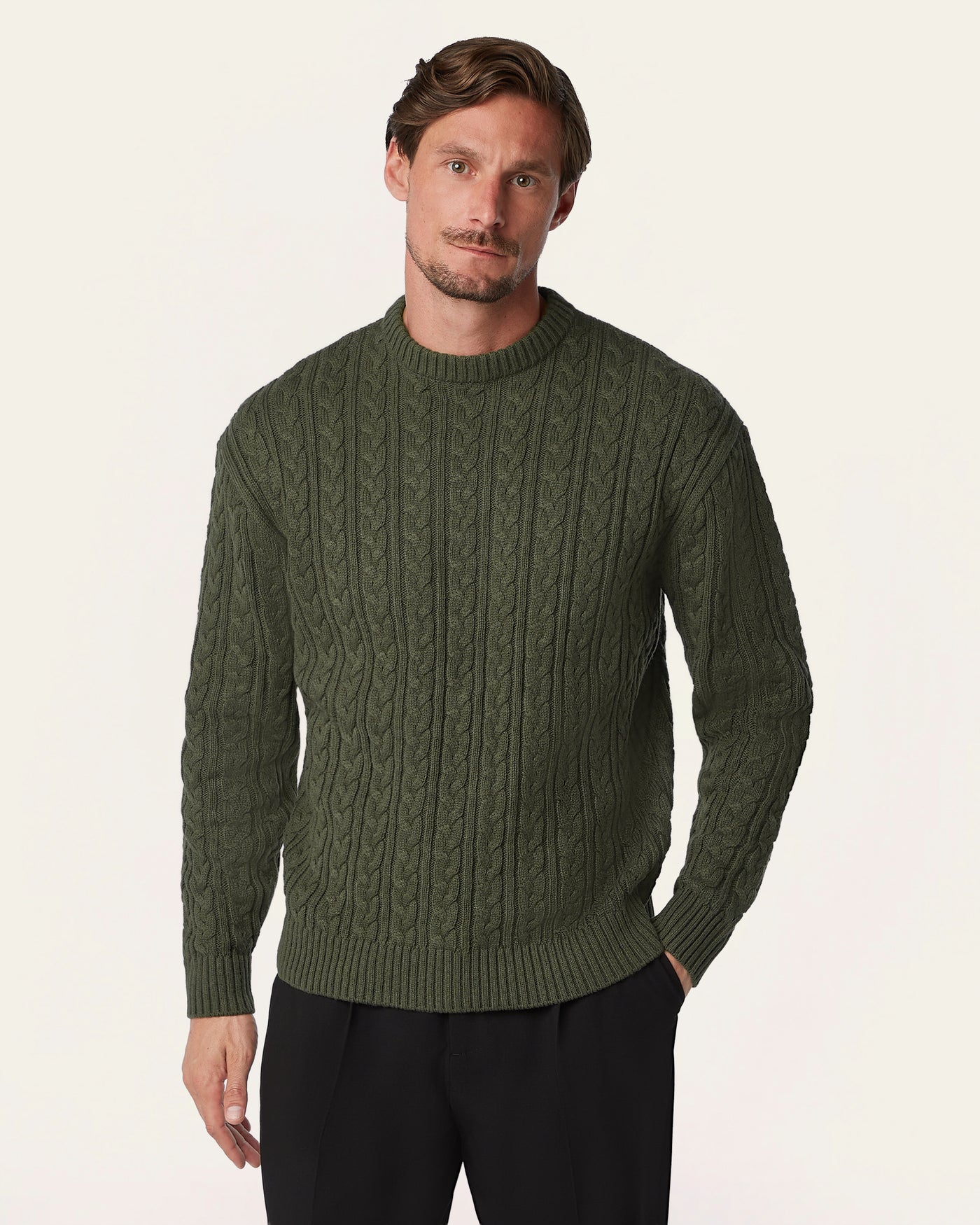 Heavy Seawool Cable Crewneck Dark Olive