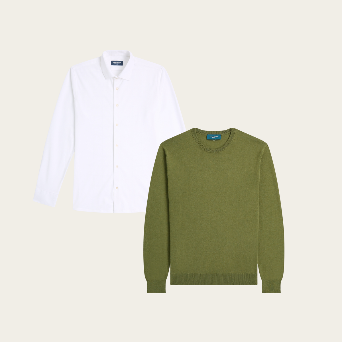 Seawool sweater & Knitted non-iron shirt bundle | White & Olive