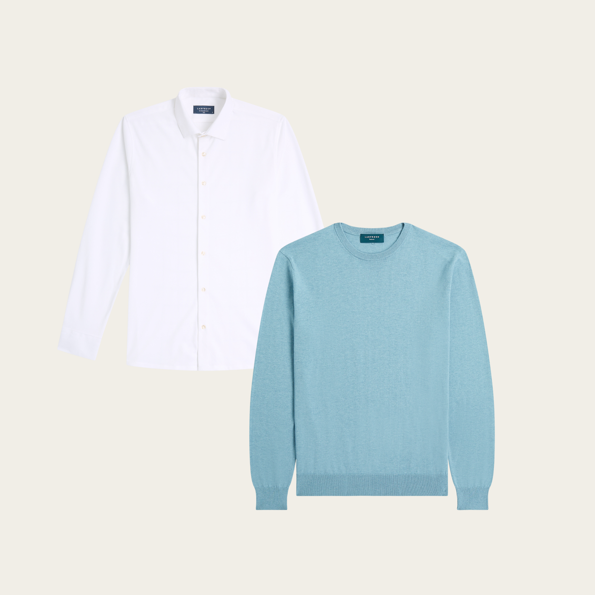 Seawool sweater & Knitted non-iron shirt bundle | White & Light blue