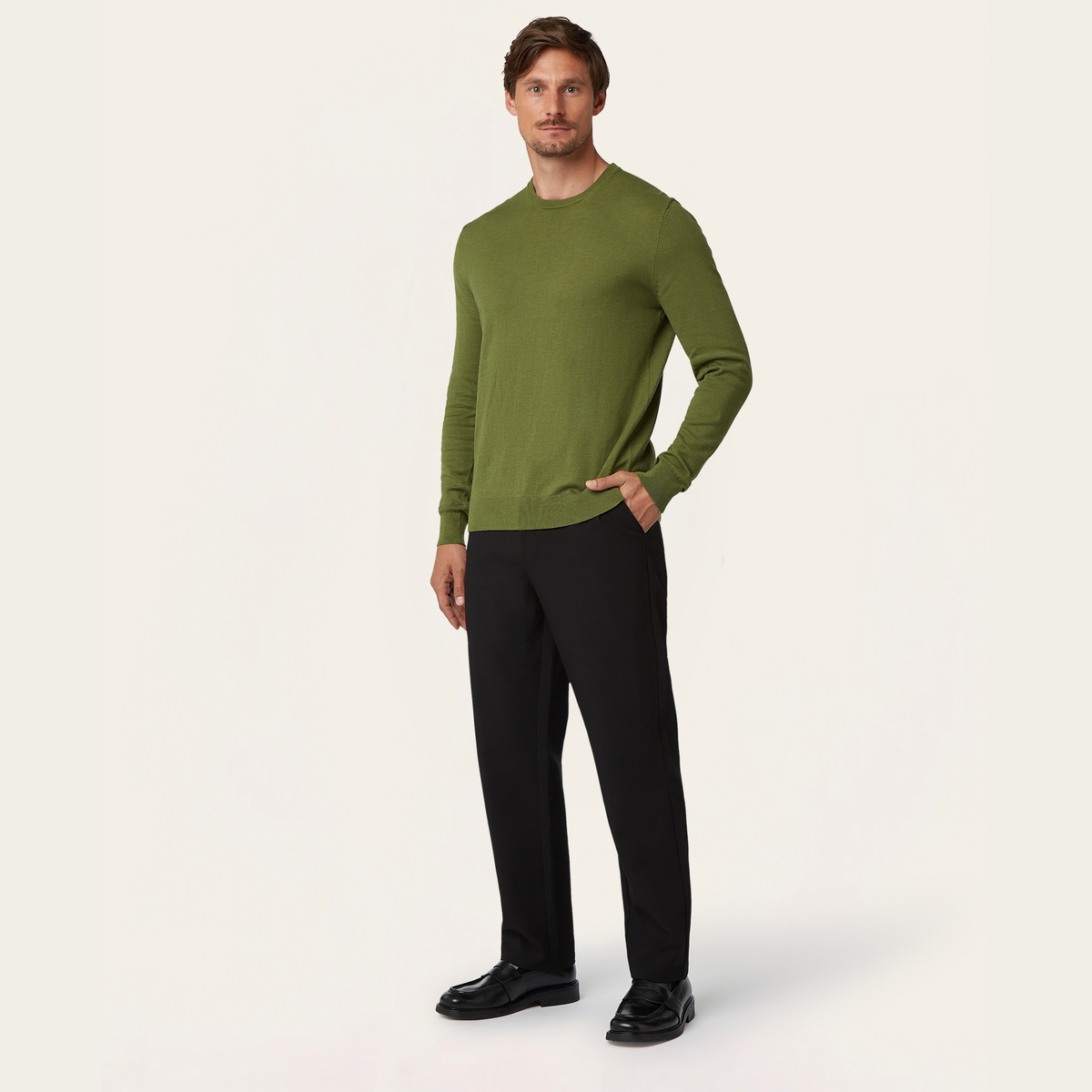 Seawool sweater & Knitted non-iron shirt bundle | White & Olive