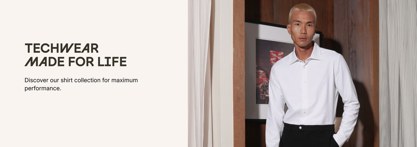 Man wearing a white shirt with text about techwear and shirt collection on a white background