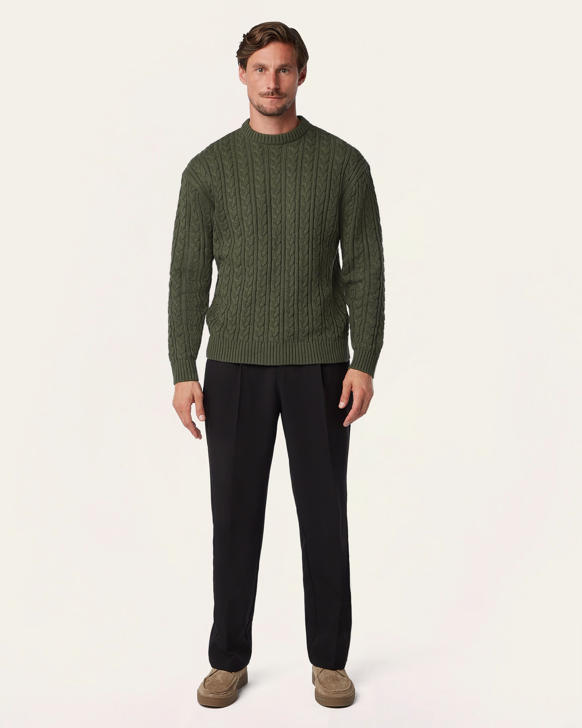 Heavy Seawool Cable Crewneck Dark Olive
