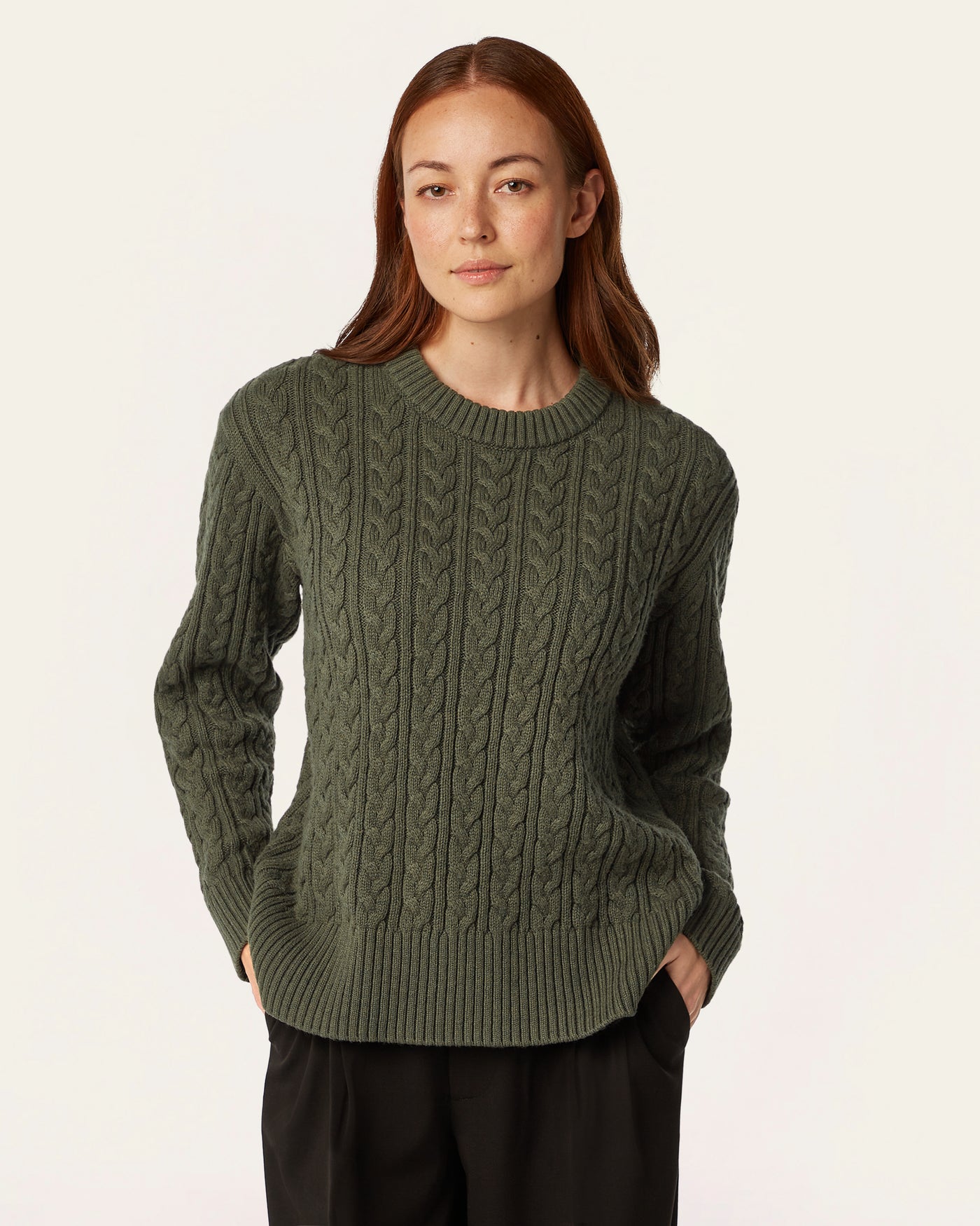 Heavy Seawool Cable Crewneck - Dark Olive