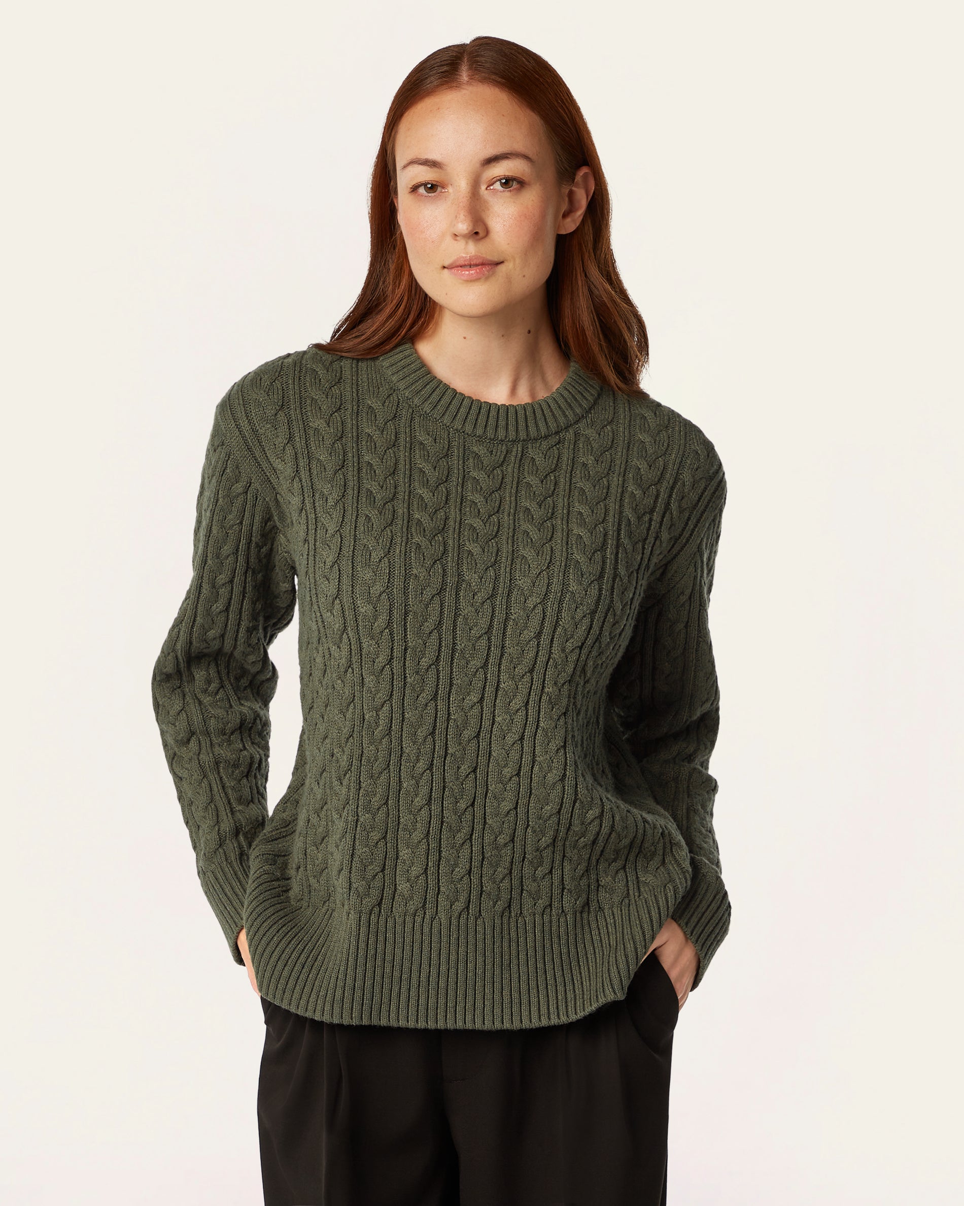 Heavy Seawool Cable Crewneck - Dark Olive