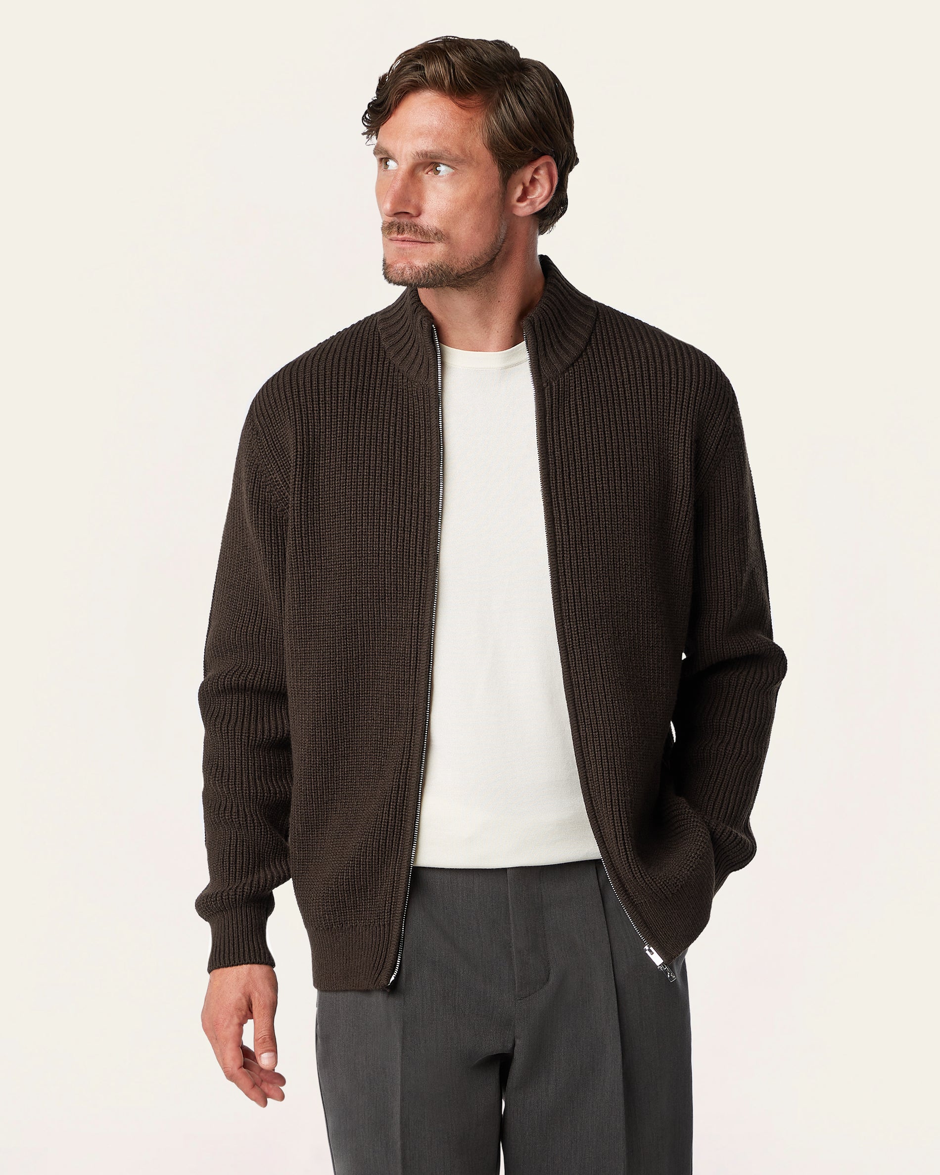 Heavy Seawool Full Zip Cardigan Dark Brown