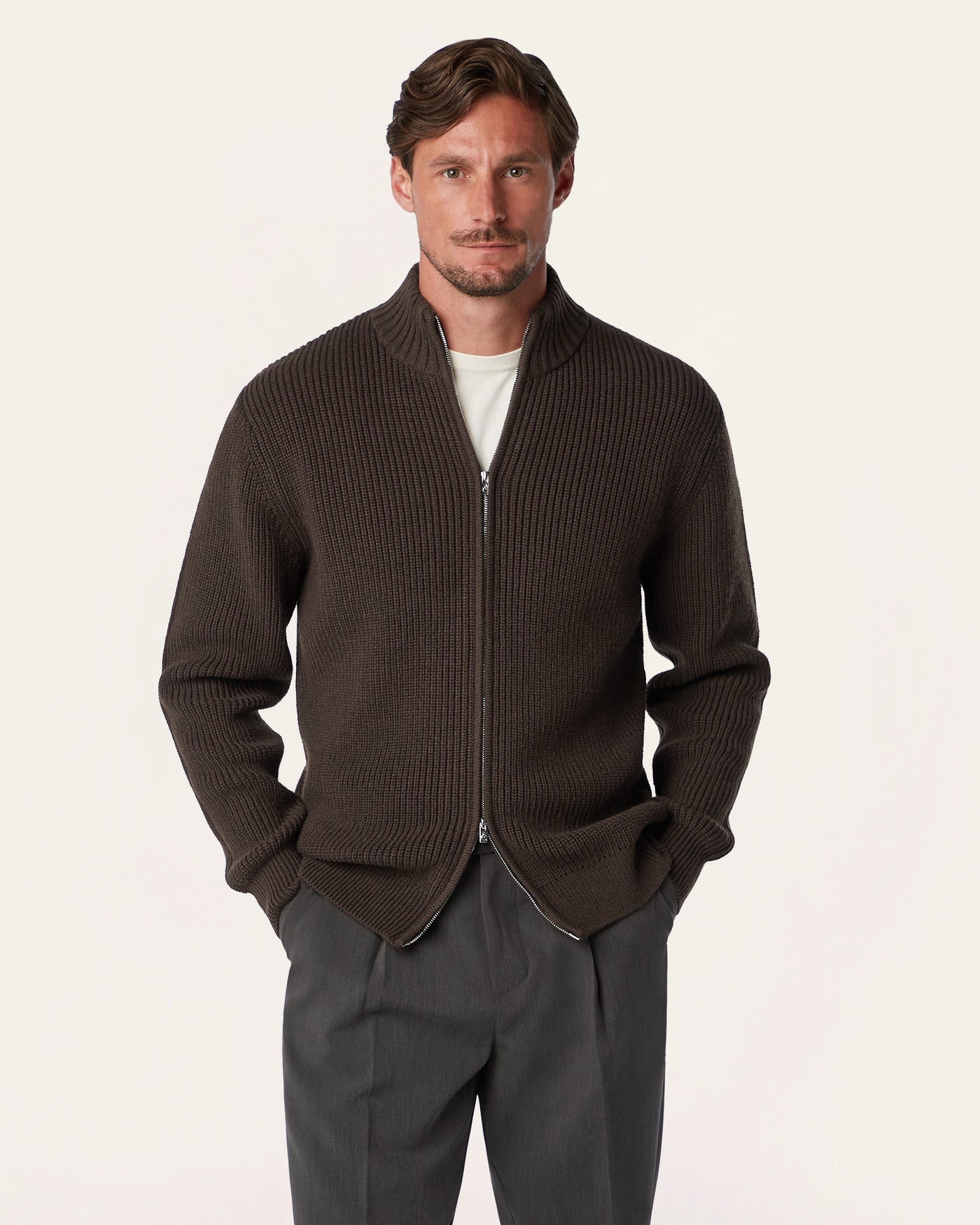 Heavy Seawool Full Zip Cardigan Dark Brown