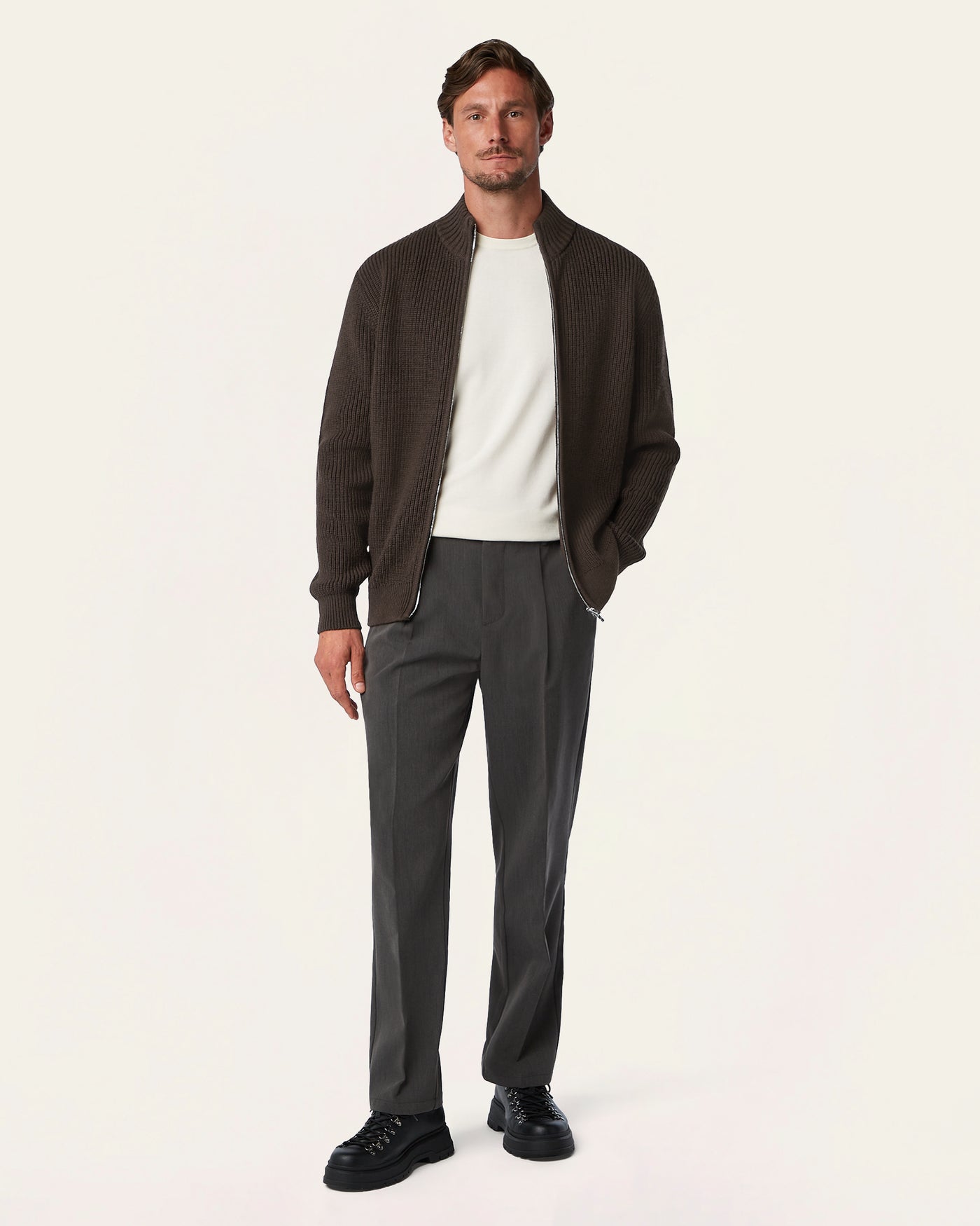 Heavy Seawool Full Zip Cardigan Dark Brown