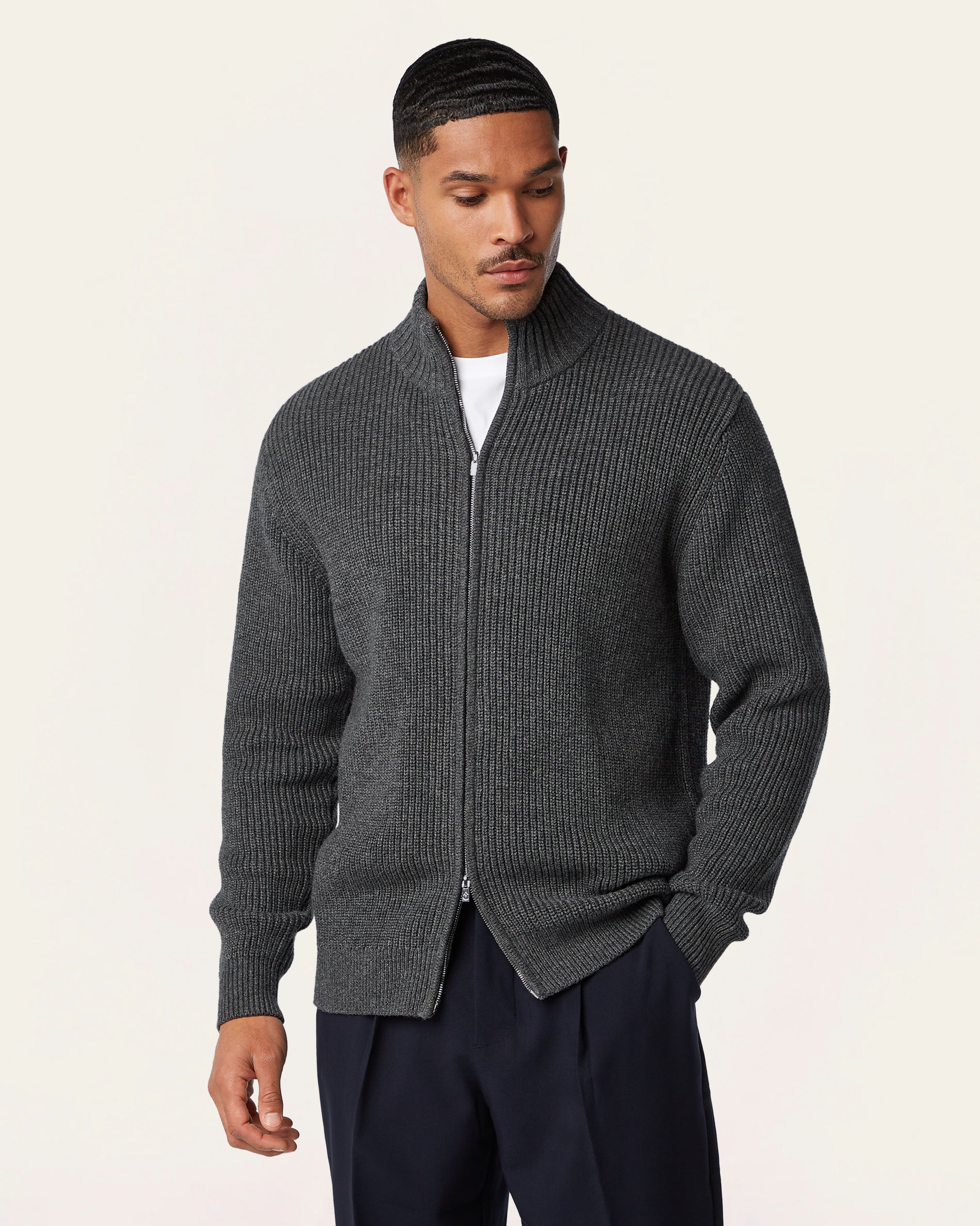 Heavy Seawool Full Zip Cardigan Dark Grey